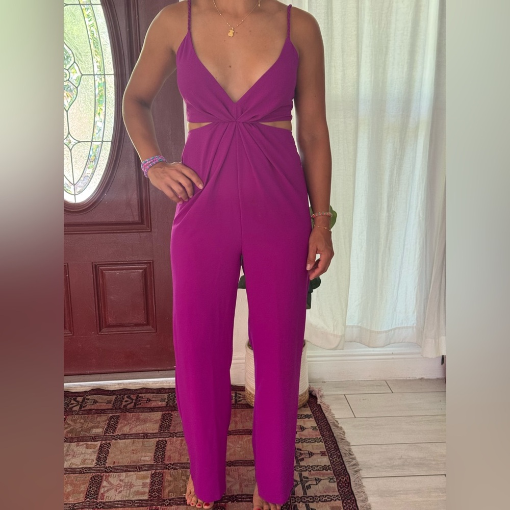 Zara Purple Jumpsuit with V-Neck Halter and Side Cutouts